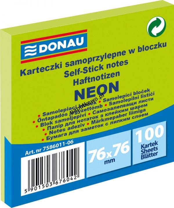 Notes samoprzylepny Donau Neon zielony 100k 76x76 mm (7586011-06)