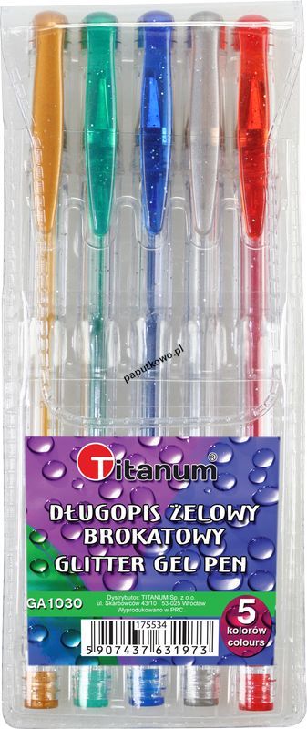 Komplet długopisów żelowych Titanum brokatowych GA1030 5 kolorów