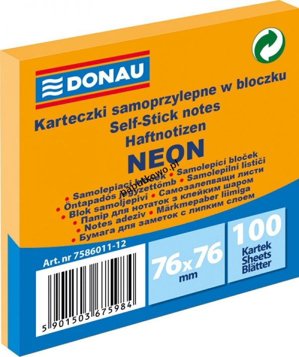 Notes samoprzylepny Donau Neon pomarańczowy 100k 76x76 mm (7586011-12)