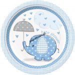 Talerz jednorazowy słonik niebieski baby shower śr. 230 mm (41695)