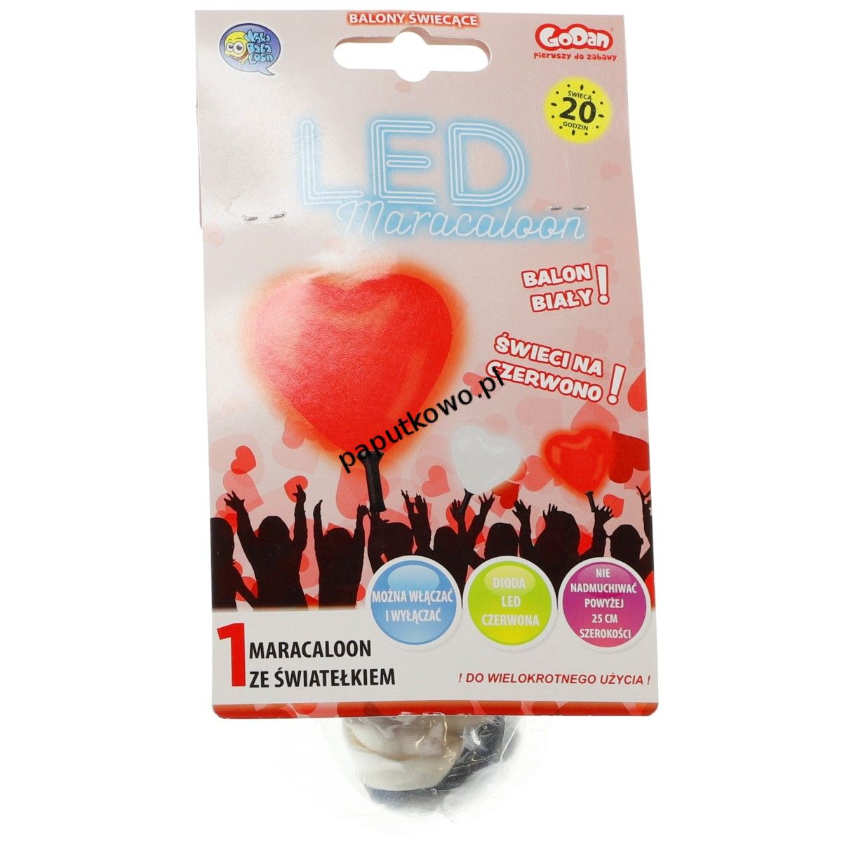 Balon gumowy pastelowy Godan serce białe dioda led czerwona czerwony 1 szt (MLED-1SR)